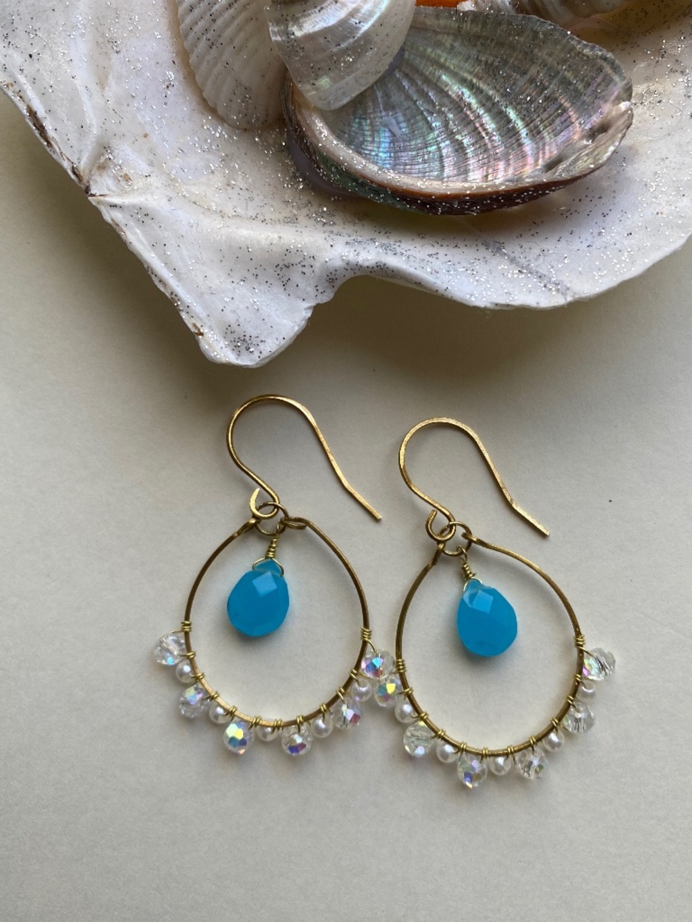 Handmade Hoop Earrings with Blue Chalcedony with Glass Beads & Faux Pearl